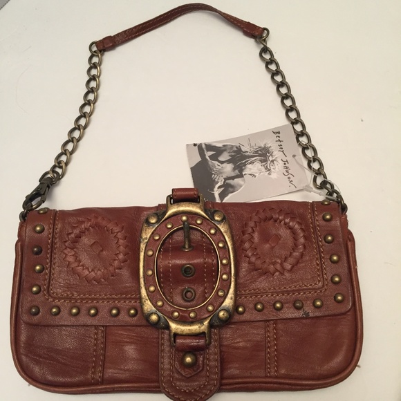 Betsey Johnson Handbags - Brown Leather Flap Wrislet Purse with Buckle Chain